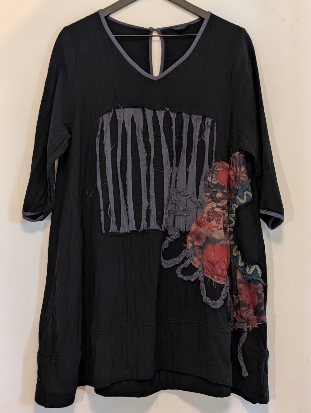 Peacock Vines Cotton Tunic Top Black Patchwork Lagenlook Boho Art Shirt Comfy